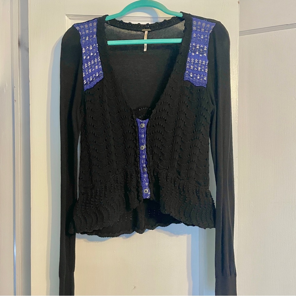Free People Vintage Knit Cardigan with Peplum Hem & Blue Accents